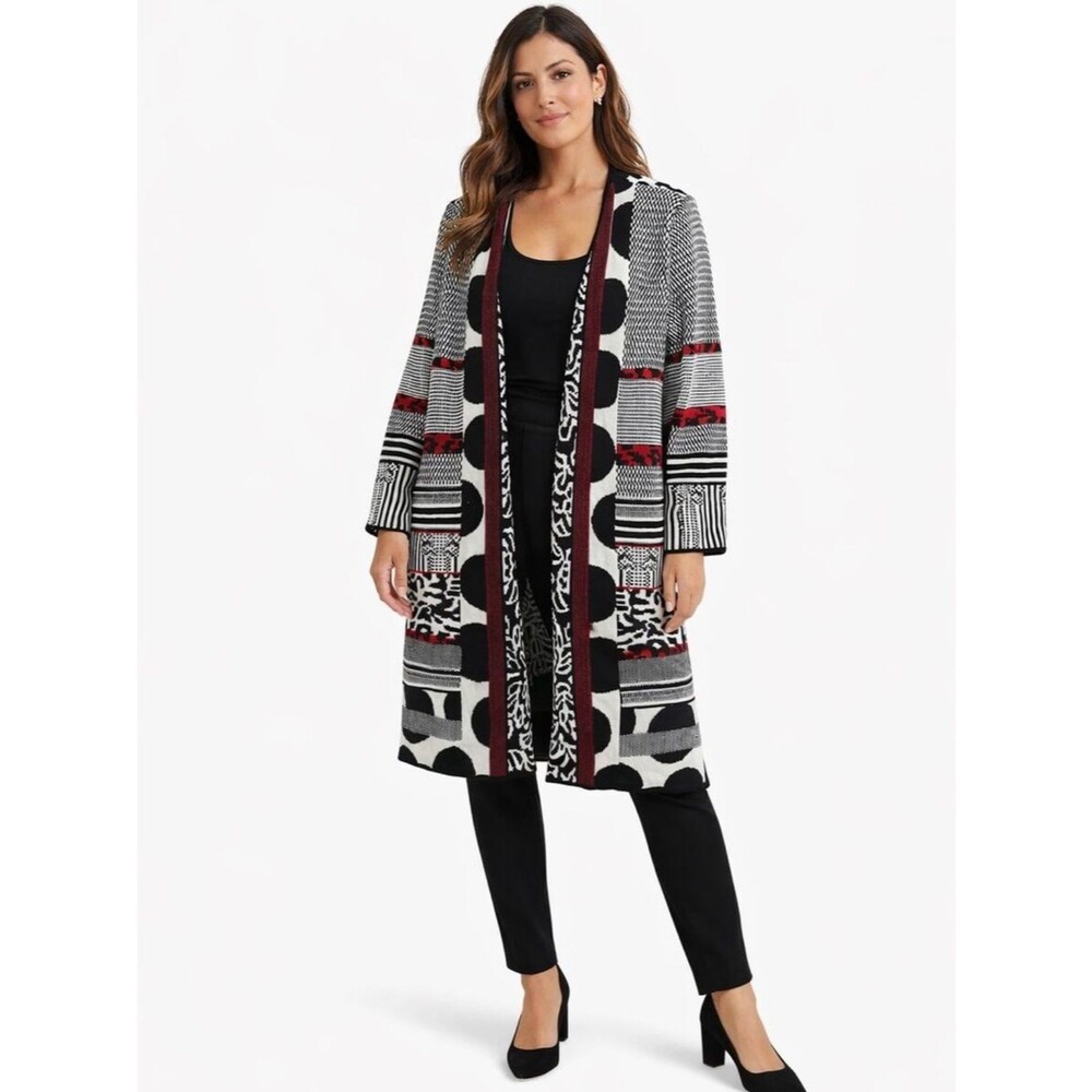 Chicos Natasha Cardigan Sweater Mixed Pattern Black Red White Duster 3/XL
